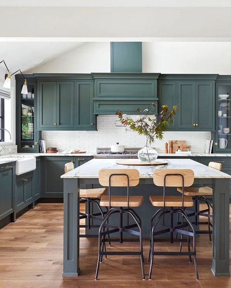 Blue Green Cabinets, Countertops Farmhouse, Gray Countertops, Blue Green Kitchen, Farmhouse Sink Faucet, White Farmhouse Sink, Interior Design Pictures, Gray And White Kitchen, Green Kitchen Cabinets