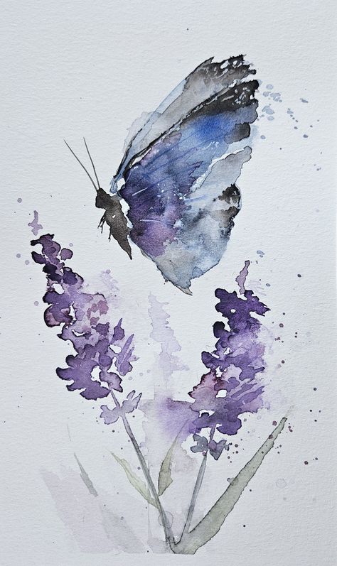 This is a fine art giclée print made from my original watercolor painting titled "Indigo Butterfly". By Denise Kuelling. This serene watercolor painting captures the delicate beauty of a butterfly hovering gracefully over soft lavender blooms. The rich purples and gentle brushstrokes bring to life the tranquil charm of a summer garden, offering a peaceful connection to the natural world. Perfect for bringing a calming touch of nature into your home, this piece evokes feelings of serenity and won Watercolor Paintings Of Butterflies, Painting Ideas With Water Colours, Flower With Butterfly Painting, Watercolour Butterflies Painting, Flowers Watercolour Painting, Watercolor On Sheet Music, Butterfly Watercolour Painting, Purple Watercolor Painting, Butterfly Watercolours