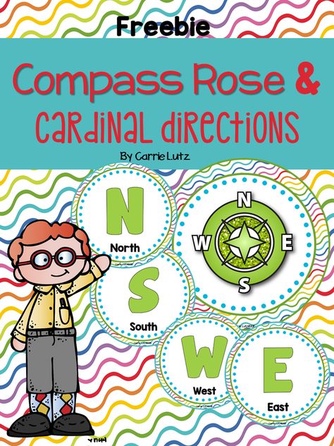 Compass Rose and Cardinal Directions  Just Print, Laminate and Hang in your classroom   You get:  Cut circle directions for  North  South  West   East  Compass Rose I hope these brighten up your classroom.  :) Compass Rose Activity 2nd Grade, Cardinal Directions For Kids, Compass Rose Activities, Third Grade Social Studies, 3rd Grade Social Studies, Emotions Posters, Cardinal Directions, Kindergarten Social Studies, West East