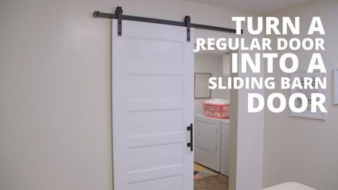 Turn an ordinary door into a farm-chic sliding barn door with these easy steps. Bathroom Door Ideas, Door Video, Bathroom Barn Door, Door Design Photos, Barn Door Closet, Diy Sliding Barn Door, Interior Remodel, Diy Barn Door, Exterior Ideas