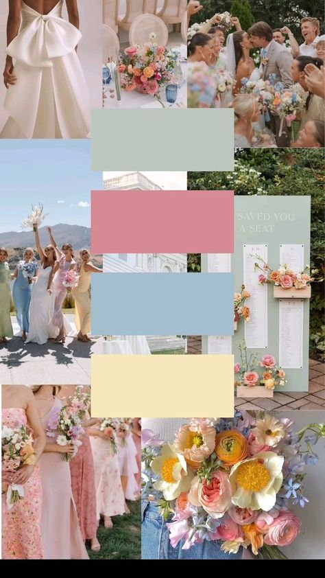 pastel summer wedding pallete inspo Summer Colours Wedding, Blue Pink Yellow Wedding Color Palettes, Wedding June Colors, Pastels Color Palette Wedding, Wedding Colour Schemes Pastel, Light Spring Wedding Colors, Spring Wedding Colors Pastel, Wedding Ideas Spring Colors, Wedding Spring Color Palette