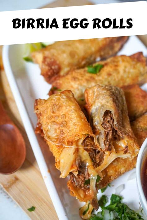 Birria Egg Rolls are crispy fried eggrolls stuffed with beef birria and melty cheese. Serve with birria consome sauce for dipping. Texas Egg Rolls Roadhouse, Birria Egg Rolls, Carne Asada Eggrolls, Birria Egg Roll Recipe, Fun Egg Roll Recipes, Birria Egg Roll, Mexican Egg Rolls, Dessert Egg Rolls, Crispy Birria Tacos