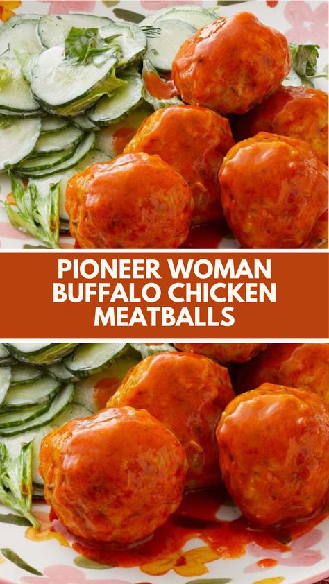 This easy Pioneer Woman Buffalo Chicken Meatballs recipe is a delicious and nutritious meal perfect for busy weeknights. These creamy, spicy meatballs are quick to prepare and can be customized with common ingredients you have on hand. Enjoy them with crispy celery sticks and homemade ranch for a fun twist! Pioneer Woman Buffalo Chicken Meatballs, Spicy Meatball Recipes, Pioneer Woman Appetizers, Pioneer Chicken, Spicy Meatballs Recipe, Pioneer Kitchen, Sour Cream Ranch Dressing, Chicken Meatballs Recipe, Homemade Meatballs Recipe