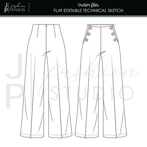 Garment Flat Sketches, Pants Sketch Fashion Illustrations, Pants Technical Drawing Women, Pant Flat Sketch, Sailor Pants Pattern, Pant Illustration, Pants Technical Drawing, Jean Illustration, Flat Sketches Fashion