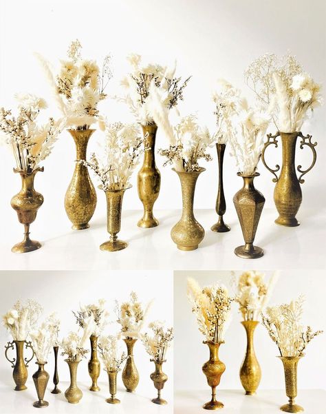 oak and ivy wedding decor Brass Vase Wedding, Dried Floral Centerpieces, Bud Vases Wedding, Dried Floral Arrangements, Vintage Brass Decor, Grass Wedding, Flower Vase Arrangements, Wedding Vases, Brass Vase