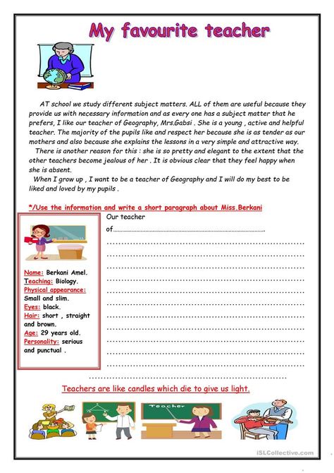 my favourite teacher - English ESL Worksheets for distance learning and physical classrooms Punctuation Worksheets, Creative Writing Lesson, English Communication, Favourite Teacher, Email Writing, My Favourite Teacher, Arabic Lessons, Teacher Desk, Comprehension Worksheets