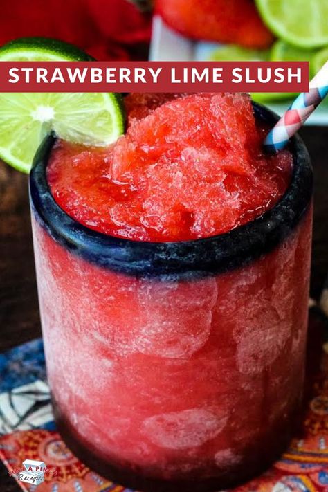 Strawberry Lime Slush is a sweet strawberry adult slushy Slush Drinks Alcohol Frozen, Frozen Slush Recipes, Christmas Slush Recipes, Limeade Slush Recipe, Slushie Cocktails, Slushy Alcohol Drinks, Alcoholic Slush Recipes, Alcoholic Slush, Cookout Drinks