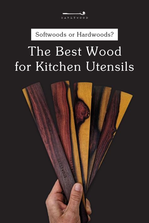 If you're thinking of upgrading your current cooking tools to wooden utensils, you should know what kind of woods are best. Lucky for you we know exactly what type of wood is perfect for wooden spoons, spatulas, and other kitchen utensils. We've made a comparison between softwood and hardwood and guess which one's better for wooden utensils? Hardwoods, of course! Why? Read the facts right here. Wood For Kitchen, Wood Cooking Utensils, Wood Kitchen Tool, Wooden Spoon Carving, Wood Kitchen Utensils, Wooden Cooking Utensils, Simple Wood Carving, Wood Carving For Beginners, Carved Spoons