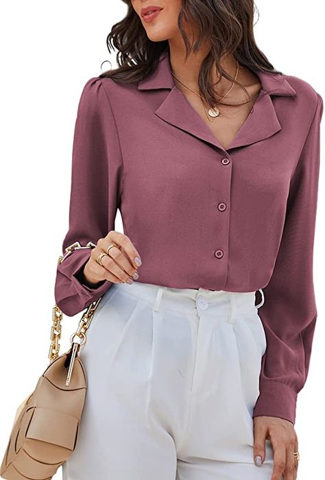 Women Blouses Fashion Casual, Formal Shirts Women, Formal Shirt Design, Silk Blouse Outfit, Women Shirt Designs, Blouse Ideas, Business Casual Top, Business Casual Shirts, Women's Button Down Shirt