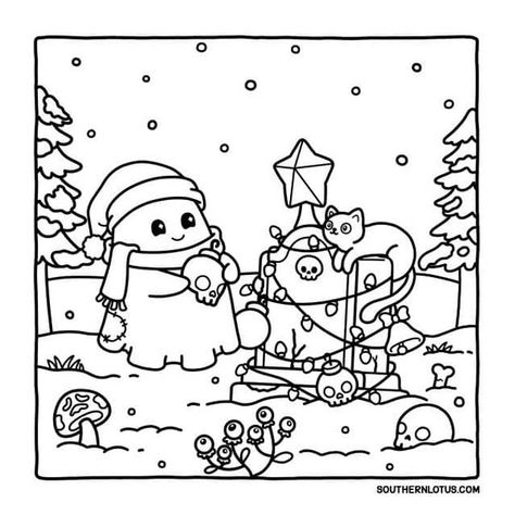 Southern Lotus Coloring Pages, Coloring Pages Aesthetic Christmas, Spooky Christmas Coloring Pages, Southern Lotus Coloring Book, Coco Wyo Coloring Pages Christmas, Cozy Christmas Coloring Pages, Christmas Colouring Pages, Coco Wyo, Coloring Pages Winter