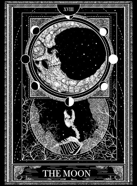 Card Design Illustration, Tarot Card Artwork, Tarot Cards Art Illustration, Smith System, Tarot Card Design, Moon Tarot Card, Tarot Card Tattoo, The Moon Tarot Card, The Moon Tarot