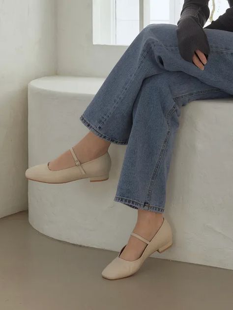 Dina Mary Jane | W Concept Low Heel Mary Janes, Square Toed Shoes, Low Heel Shoes Outfit, Cream Mary Jane Shoes Outfit, Flat Mary Jane Shoes Outfit, Low Heel Outfit, Flat Shoes Women Classy, Low Heels Outfit, Marry Jane Shoes