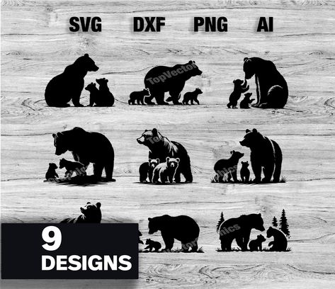 Mama Bear And Two Cubs Tattoo, Mama Bear And Cubs Drawing, Stencil Animals, Mama Bear With Cubs, Mama Bear And Cubs, Bear And Cubs, Graphic Silhouette, Cubs Tattoo, Mamma Bear