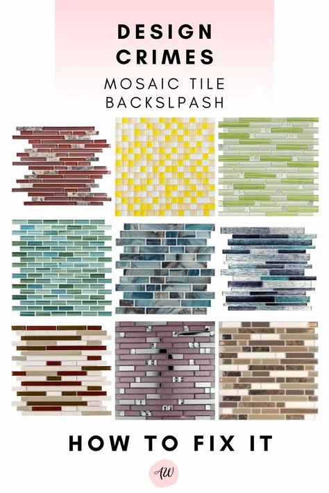 DESIGN CRIMES Mosaic tile backsplash Glass Mosaic Backsplash Kitchen, Pencil Tile, Glass Mosaic Tile Backsplash, Mosaic Tile Backsplash Kitchen, Bold Tile, Backsplash Patterns, Patterned Tile Backsplash, Decorating Rules, Mosaic Backsplash Kitchen