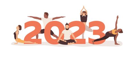 Happy New Year 2023 banner with men and women demonstrating different yoga poses isolated on the white background. Flat vector illustration 2023 Banner, Happy New Year 2023, Yoga Pictures, Flat Vector Illustration, New Year 2023, Yoga Quotes, Flat Vector, Nice Things, Drawing For Kids