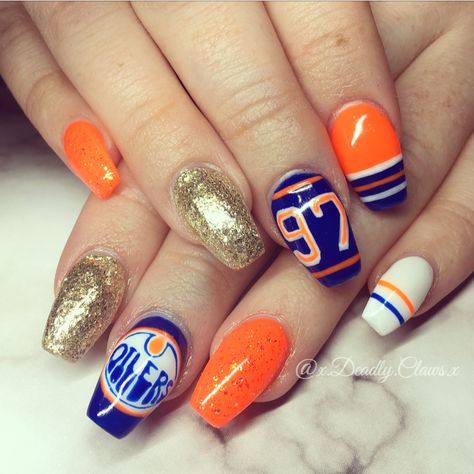 #oilersnails #oilersnailart Oilers nails nails gel nails acrylic nails nail art Edmonton oilers hockey nails Oilers Nails Edmonton, Edmonton Oilers Nails, Oilers Nails, Hockey Nails Designs, Hockey Nails, Broncos Nails, Disney Halloween Nails, Cute Easy Nail Designs, Neat Nails