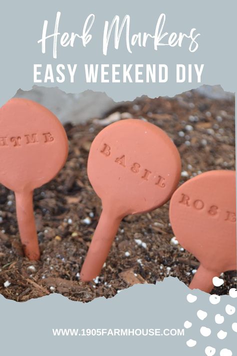 Looking for a fun, easy DIY project over the weekend? Why not build your own herb garden with clay markers! Perfect for adding a pop of color to your herb garden, these clay markers will quickly become your favorite gardening project. Spend the weekend crafting these colorful markers to add a unique, personal touch to your garden. Cute Markers, Plant Markers Diy, Clay Garden Markers, Clay Plant Markers, 1905 Farmhouse, Clay Herb Markers, Ceramic Herb Markers, Herb Stakes Markers, Container Herb Garden