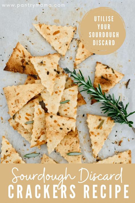 Sourdough Discard Crackers Recipe with Parmesan + Rosemary - simple sourdough crackers that utilise your sourdough discard. The Pantry Mama, Sourdough Discard Crackers, Pantry Mama, Discard Crackers, Cracker Flavors, Cheesy Crackers, Sourdough Starter Discard Recipe, Baked Crackers, Sourdough Discard