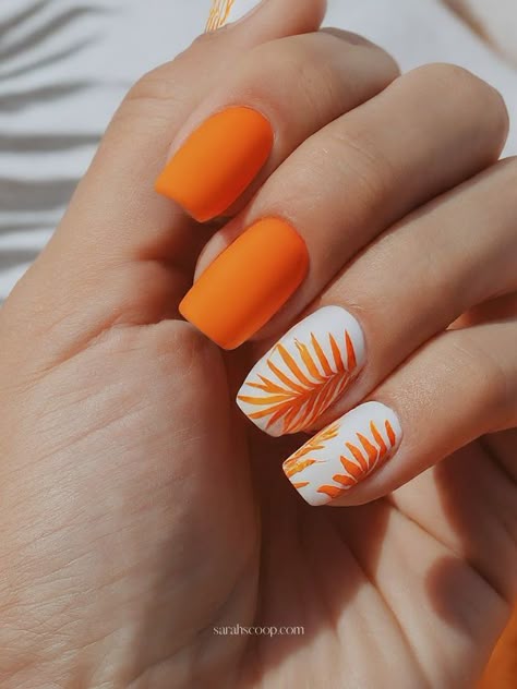 35+ Orange Nail Designs To Try This Summer Tropical Orange Nails, Orange Nail Design Ideas, Orange Vacation Nails, Orange Gel Nail Designs, Orange Beach Nails, Orange Nail Designs Summer, Orange And White Nail Designs, Orange And Yellow Nail Designs, Orange White Nails