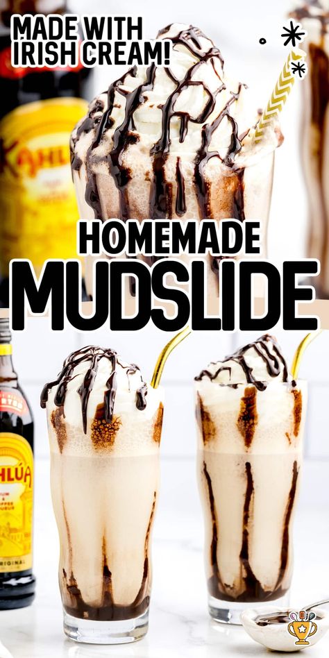 Indulge in a creamy Mudslide with vanilla and coffee ice cream, vodka, Irish cream, and Kahlua. Topped with whipped cream and chocolate drizzle. Mud Slide Drink Recipe, Mudslide Drink, Mud Slide, Mudslide Recipe, Kahlua And Cream, Ice Cream Cocktails, Espresso Martini Recipe, Creamy Cocktails, Strawberry Protein