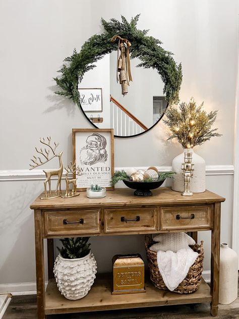 Christmas Front Table Decor, Front Table Christmas Decor, Over Table Christmas Decorations, Buffet Table Decor Christmas, Holiday Sideboard Decor, Christmas Decor Ideas Side Table, Christmas Accent Table Decor, Small Entryway Table Christmas Decor, Sideboard Christmas Decor Ideas