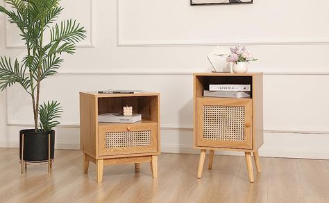 Boho Style: simple yet elegant design will complement any decor as a sofa, dressing table, or nightstand Boho Bedside Table, Mid Century Modern Bedside Table, Boho Nightstand, Rattan Nightstand, Wooden Living Room, Nightstand Set Of 2, Side Table With Drawer, Wooden Bedside Table, Modern Bedside Table