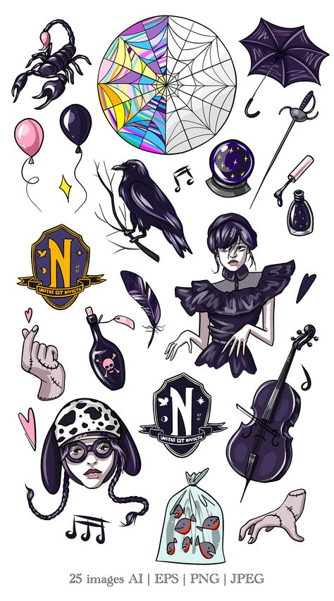 Nevermore Academy Drawing, Wednesday Addams Clipart, Wednesday Tattoo Design, Wednesday Silhouette, Wednesday Addams Stickers, Wednesday Clipart, Wednesday Watercolor, Wednesday Illustration, Wednesday Stickers