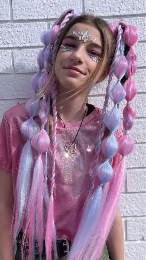 Festival Braids Ponytail, Unicorn Braided Hairstyles, Rave Hair Bubble Braids, Bubble Braid Festival Hair, Festival Braids With Color Extensions Space Buns, Rave Pigtails Extensions, Rave Extension Braids, Rave Braids Festival Hair Extensions, Pastel Festival Outfit