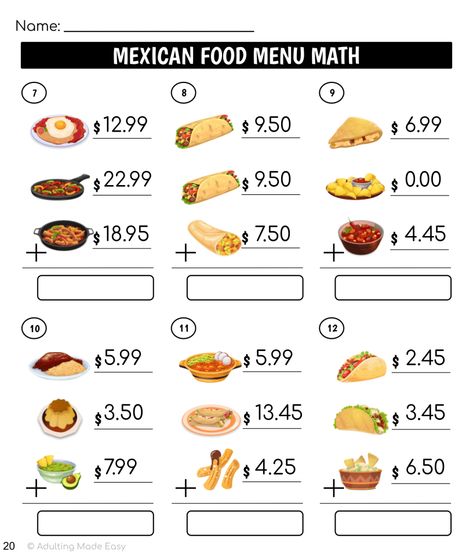 Simplified Functional & differentiated life skills addition problems using priced menus for a Mexican restaurant with tacos, burritos, beans, rice, chips & salsa and more!   Financial literacy, consumer math, morning work, money math, packets, Spanish, cinco de mayo   This comes with: 40 worksheets 4 levels 3 step addition Worksheets with pre-populated prices to ... Menu Math, Mexican Food Menu, Rice Chips, Life Skills Kids, Consumer Math, Life Skills Class, Math Addition Worksheets, Money Math, Math Tutorials