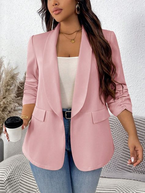 Chaqueta de traje de talla grande para mujer en color rosa, atuendo elegante para ir al trabajo y negocios Rosa Elegante  manga francesa Tela tricotada Liso Normal No-Elástico  Women Plus Clothing, size features are:Bust: ,Length: ,Sleeve Length: Blazer Rose, Pink Plus Size, Sports Jackets Women, Elegant Blazers, Plus Size Suits, Plus Size Blazer, Grey Colour Suit, Fleece Tights, Suit Jackets For Women