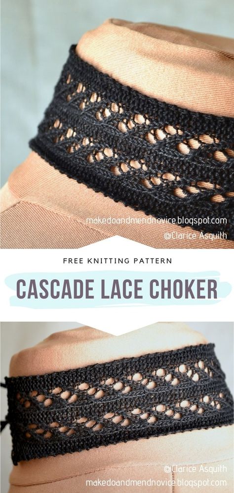 Cascade Lace Choker Free Knitting Pattern What are your thoughts on blocking? Have you already tried it? If you want to learn or practice, this quick project is the ideal reason to do so! #knitchoker #knitaccessories #knitlacychoker #freeknittingpattern Crochet Choker Free Pattern, Knit Choker, Choker Patterns, Loom Knitting Tutorial, Lace Choker, Free Knitting Patterns, How To Knit, Knitting Tutorial, Free Knitting Pattern