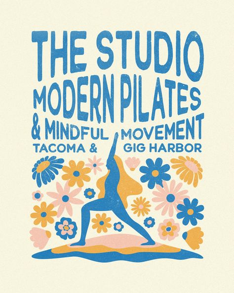 The Studio Modern Pilates & Mindful Movement merch design retro inspired with flowers and text. Distressed retro graphic. Pilates Merch Design. Graphic Design Inspiration Illustration, Graphic Design Inspiration Branding, Graphic Design Inspiration Typography, Pilates Logo, Yoga Flyer, Yoga Drawing, Yoga Logo Design, Mindful Movement, Yoga Branding