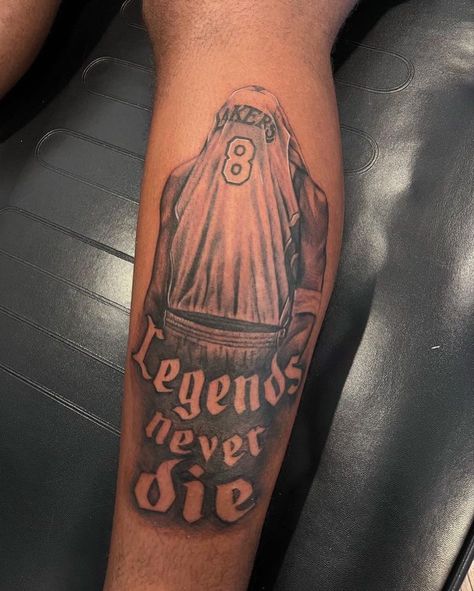 Legendary Tattoo Word, Lebron Tattoo, Supreme Tattoo, Kyrie Tattoo, Jersey Tattoo Ideas, Born King Tattoo, Nba Players Tattoos Leg, Lebron Tattoos Ideas, Clementine Hat Tattoo