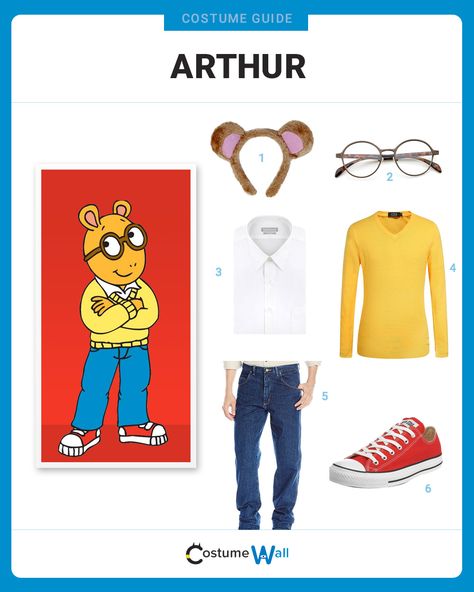 The best costume guide for dressing like the 3rd-grade aardvark, Arthur Read, the popular children's book and PBS television show character. Arthur Costume Women, Children’s Book Characters, Famous Characters Costumes, Tv Show Character Costumes, Arthur Halloween Costume, Arthur Costume, Easy Last Minute Costumes, Storybook Character Costumes, Book Characters Dress Up