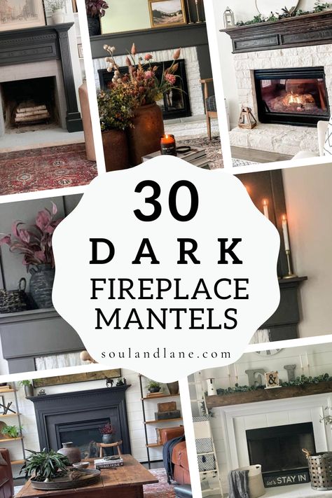 Embrace the bold beauty of dark fireplace mantels, designed to infuse your space with a statement of sophistication and drama. These mantels, with their deep shades and striking presence, become the centerpiece of any room, offering a dramatic backdrop for the dancing flames. Whether paired with minimalist decor for a modern look or ornate accessories for a more traditional vibe, dark mantels provide a versatile foundation for your decorating style. Ideal for those looking to add an element of g Living Rooms With Black Fireplaces, Moody Mantle, Moody Living Room With Fireplace, Minimal Mantle Decor, Dark Fireplace Mantle, Dark Fireplace, Black Fireplace Surround, White Stone Fireplaces, Faux Fireplace Mantels