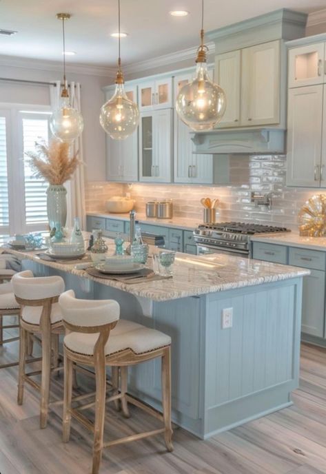 Coastal Living Kitchen Ideas, Beach House Small Kitchen, Coastal Theme Kitchen, Coastal Granddaughter Kitchen, Beach Theme House Interior Design, Luxury Coastal Interiors, Costal Kitchen Aesthetic, Coastal Grandma Kitchen, Coastal Bloxburg Kitchen