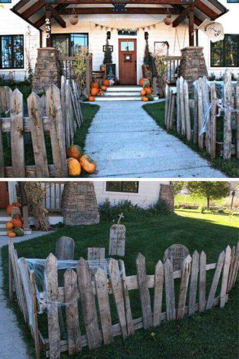 Diy Halloween Outdoor Decorations, Diy Halloween Outdoor, Pallet Halloween Decorations, Halloween Fence, Pallet Halloween, Scary Halloween Decorations Outdoor, Halloween Decoration Ideas, Halloween Diy Outdoor, Halloween Outside