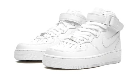 NIKE AIR FORCE 1 '07 MID "Triple White" Nike Air Force Mid, Womens Air Force 1, Air Logo, White Air Force 1, Nike Air Force 1 Mid, Nike Air Force 1 High, Embroidered Nike, Vintage Basketball, Air Force 1 Mid