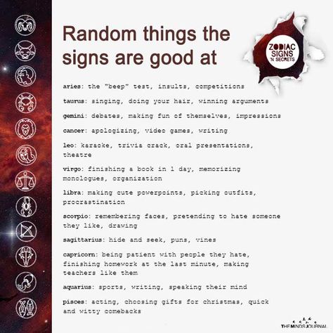 Random Things The Signs Are Good At https://themindsjournal.com/random-things-the-signs-are-good-at Gemini And Scorpio, Aquarius Truths, Zodiac Signs Chart, Taurus Zodiac Facts, Scorpio Zodiac Facts, Zodiac Signs Scorpio, Zodiac Signs Sagittarius, Birth Chart Astrology, Zodiac Signs Leo