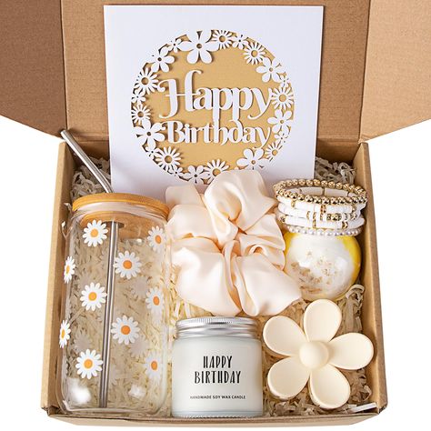 PRICES MAY VARY. What's In The Box: This thoughtfully curated gift set includes a 16oz retro flowers coffee glass cup with a bamboo lid and straw, a HAPPY BIRTHDAY candle, a bath bomb, a flower hair clip, a silk scrunchie, a set of clay beaded bracelets, a paper cut happy birthday card, and a cute box package with paper filling. Happy Birthday Gift Box: Delight your mother, friend, significant other, teen girl, daughter, wife, or girlfriend with this beautifully curated birthday gift box. Unlike Good Birthday Gifts, Daisy Aesthetic, Starbucks Orders, Glowforge Ideas, Aesthetic Glass, Cup Gift Set, Birthday Basket, Flowers Coffee, Cute Gifts For Friends