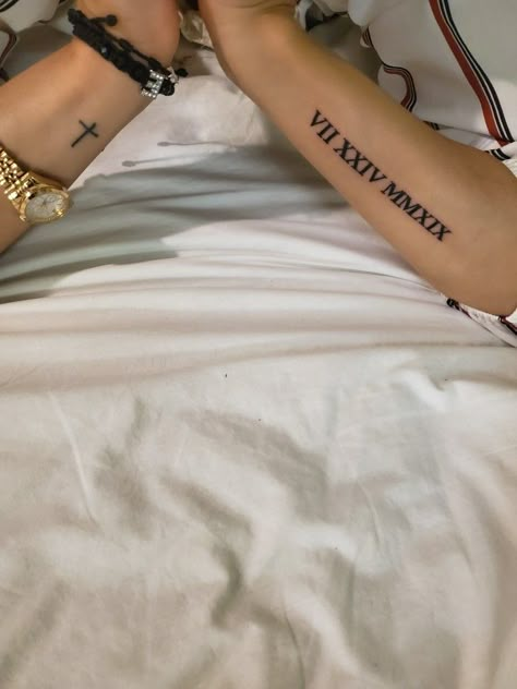 Roman Numeral Tattoo Font, Arm Tattoos For Guys Forearm, Wrist Tattoos Girls, Tattoos 2024, Outer Forearm Tattoo, Girl Thigh Tattoos, Wrist Tattoo Ideas, Roman Numeral Tattoos, Finger Tattoo For Women