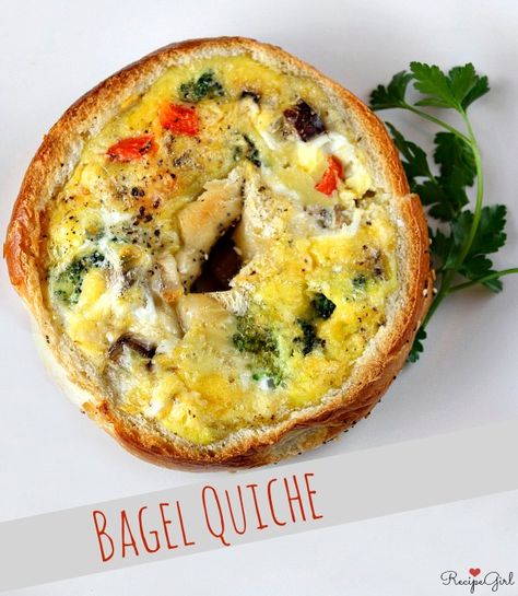 Bagel Quiche Recipe - RecipeGirl.com Cheesy Egg Bagels, Denver Omelet Quiche, Everything Bagel Egg Bake, Cheesy Egg Bagel, Quiche Filling, Bagel Breakfast Casserole Food Network, Breakfast Bagels, Bridesmaid Brunch, Breakfast Quiche Recipes