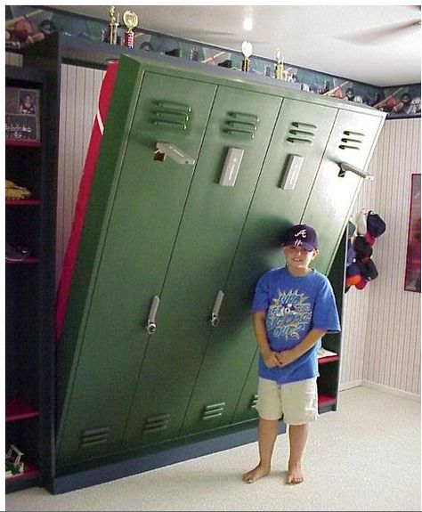 10 Hidden Beds Ideas. I love the baseball theme for my son Hidden Beds, Bed Project, Horizontal Murphy Bed, Baseball Bedroom, Murphy Bed Ikea, Baseball Room, Murphy Bed Diy, Murphy Bed Plans, Hidden Bed