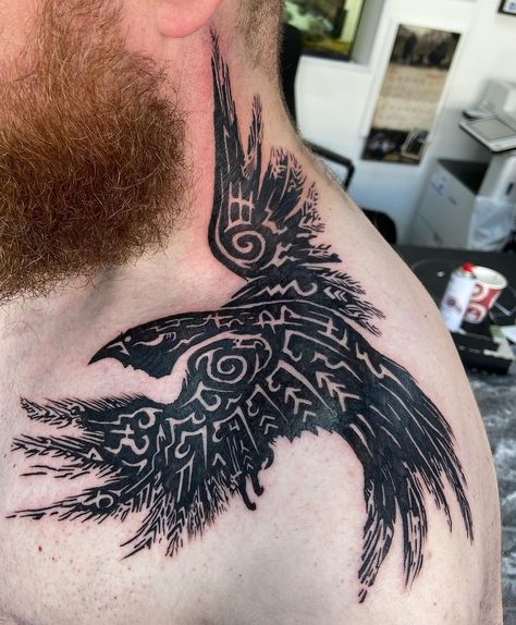 Norse Neck Tattoo, Viking Neck Tattoo For Guys, Nordic Neck Tattoo, Viking Neck Tattoo, Viking Raven Tattoo, Nordic Raven Tattoo, Nordic Raven, Celtic Raven Tattoo, Raven Tattoo Meaning