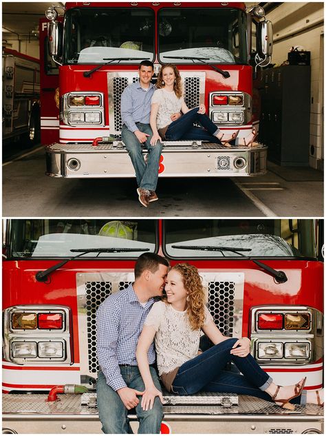 The sweetest engagement photos at the fire station. A firefighter and his bride! Firefighter Couple Pictures, Firefighter Engagement Pictures, Firefighter Couple, Firefighter Engagement, Firefighter Pictures, Engagement Poses, Engagement Sessions, Girls Play, Fun Couple