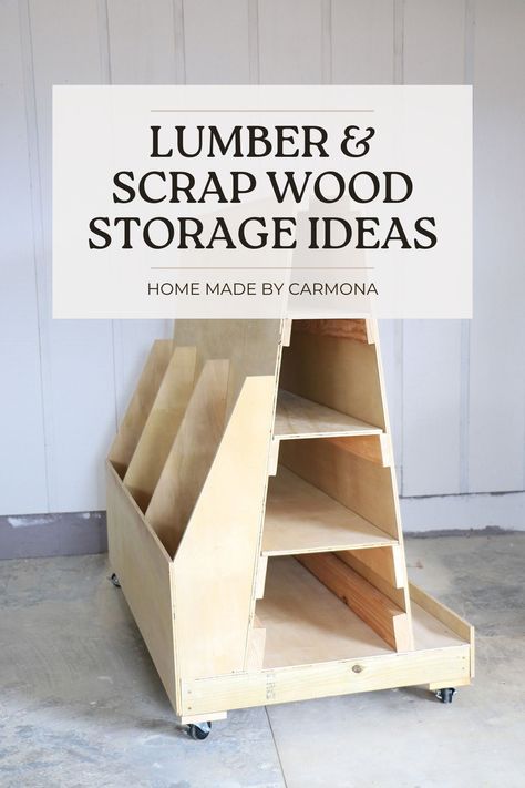 Get your workshop organized with these scrap wood and lumber storage solutions | Home Made by Carmona's Amazon Page Organizing Wood Scraps, Vertical Wood Storage Rack, Timber Storage Ideas, Scrap Wood Organizer, Scrap Wood Storage Ideas Diy, Diy Wood Storage Shelves, Organize Scrap Wood, Garage Wood Storage, Scrap Wood Cart