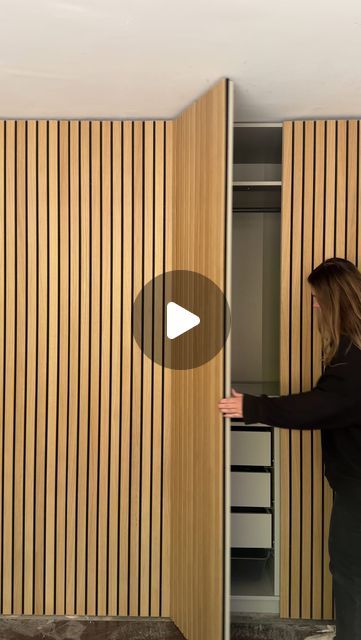 Michaela Shoebridge on Instagram: "ad WARDROBES REVEAL 💪🏼💪🏼💪🏼 what do you think ? 
To create the hidden wardrobe design, I used these stunning Luxe Natural Oak Wood Wall Panels from @thewoodveneerhub . I love the final look so much, do you? The best part is that these panels can be easily removed if needs be; not that I will be doing that anytime soon as im absolutely over the moon with how this makeover has turned out. 🥰 I can’t believe how easy it was to work with these panels, they can be easily trimmed or cut to size. 

I will share a full tutorial next, let me know what questions you have. But I need your help… what handles should I add next? 

#hiddenwardrobe #thewoodveneerhub #woodwallpanels #wardrobemakeover #wardrobedesign #bedroominspo" Panelling On Wardrobe Doors, Woodpanel Makeover Diy, Wardrobe Diy Makeover, Diy Wardrobe Doors, Full Wall Wardrobe, Wall Slats Decor, Hidden Storage Wall, Hidden Wardrobe, Fitted Wardrobe Doors