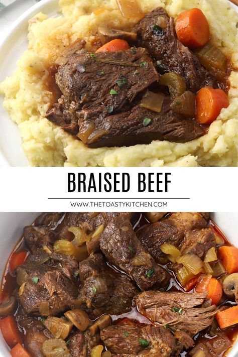 Braised beef by The Toasty Kitchen. Braised beef is seared and slow-cooked on the stovetop until fall-apart tender. Chuck roast, vegetables, and fresh herbs are cooked in a rich, savory sauce that makes the ultimate comforting meal. #beef #fall #mains Stovetop Chuck Roast Recipes, Chuck Roast Recipes Stove Top, Braised Beef Chuck Roast, Braised Beef Recipes Slow Cooker, Recipes With Beef Chuck Roast, Easy Beef Stew Stove Top, Slow Cooked Silverside, Beef Chunks Recipes, Beef Chuck Recipes