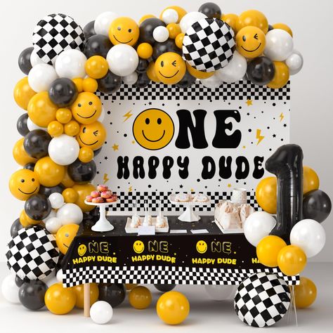 Balloon Arch With Backdrop, Smile Balloon, 1st Birthday Decorations Boy, Dude Birthday Party, 1st Birthday Boy Themes, One Happy Dude Birthday, Dude Birthday, Baby First Birthday Themes, One Happy Dude