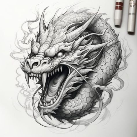 Realistic Dragon Drawing, Dragon Tattoo Drawing, Japanese Dragon Drawing, Dragon Head Tattoo, Dragon Tattoo Ideas, Tattoo Japanese Style, Realistic Dragon, Dragon Tattoo Art, Realistic Tattoo Sleeve